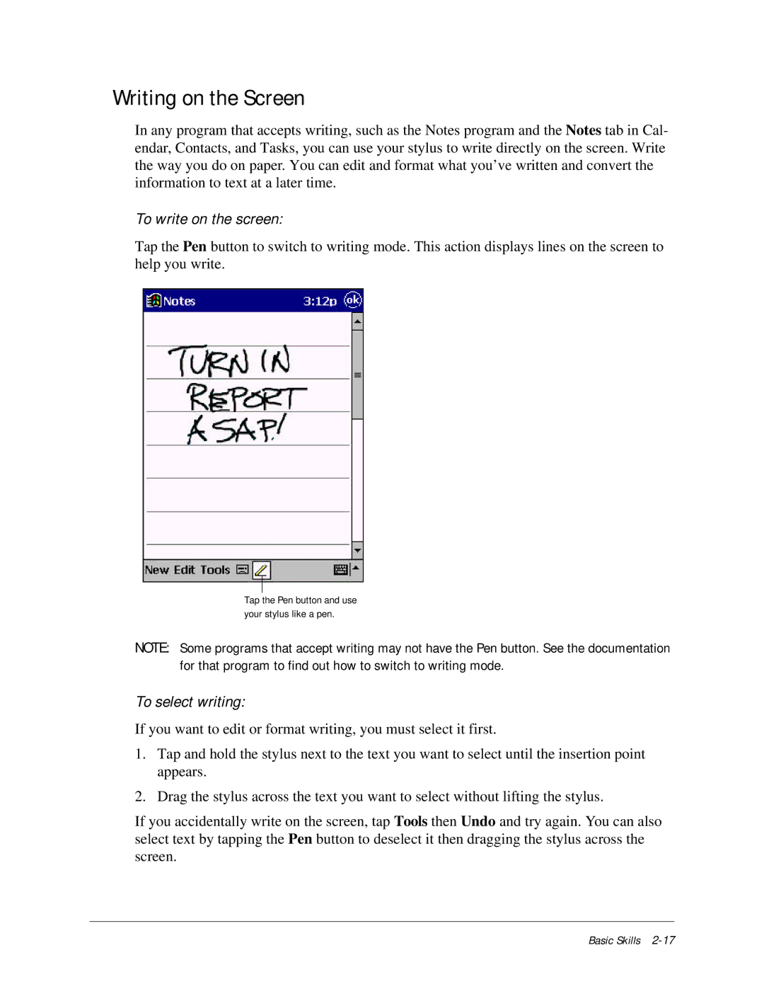 Compaq iPAQ H3000 manual Writing on the Screen, To write on the screen, To select writing 