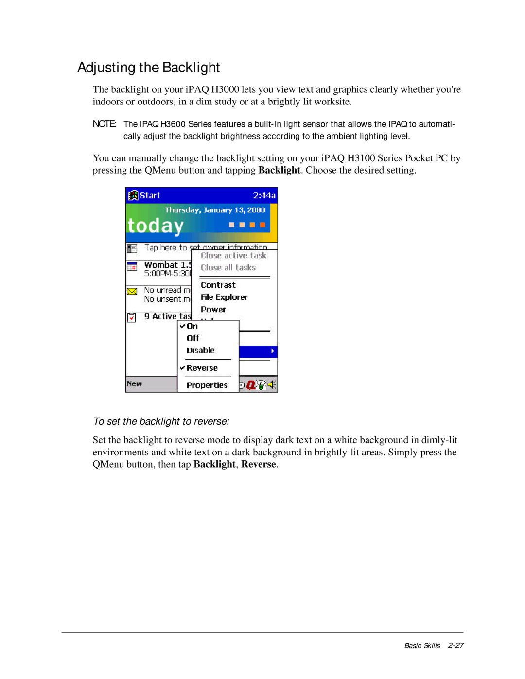 Compaq iPAQ H3000 manual Adjusting the Backlight, To set the backlight to reverse 