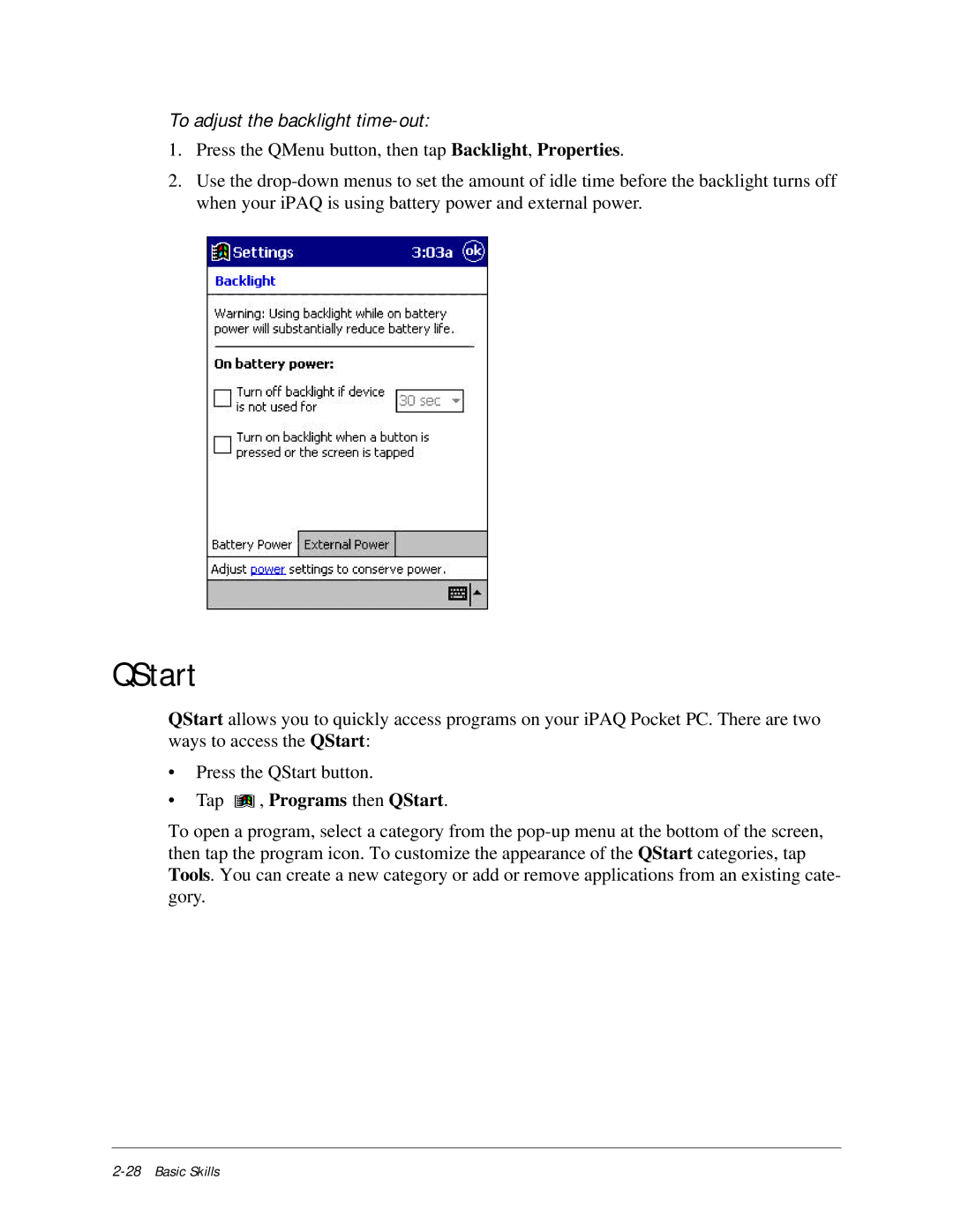 Compaq iPAQ H3000 manual To adjust the backlight time-out, Tap , Programs then QStart 