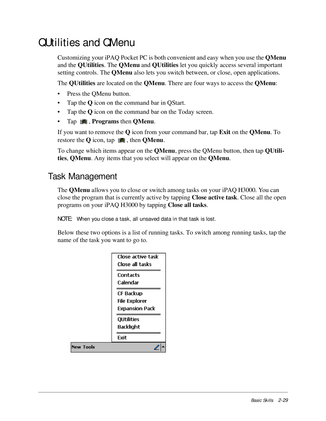 Compaq iPAQ H3000 manual QUtilities and QMenu, Task Management, Tap , Programs then QMenu 