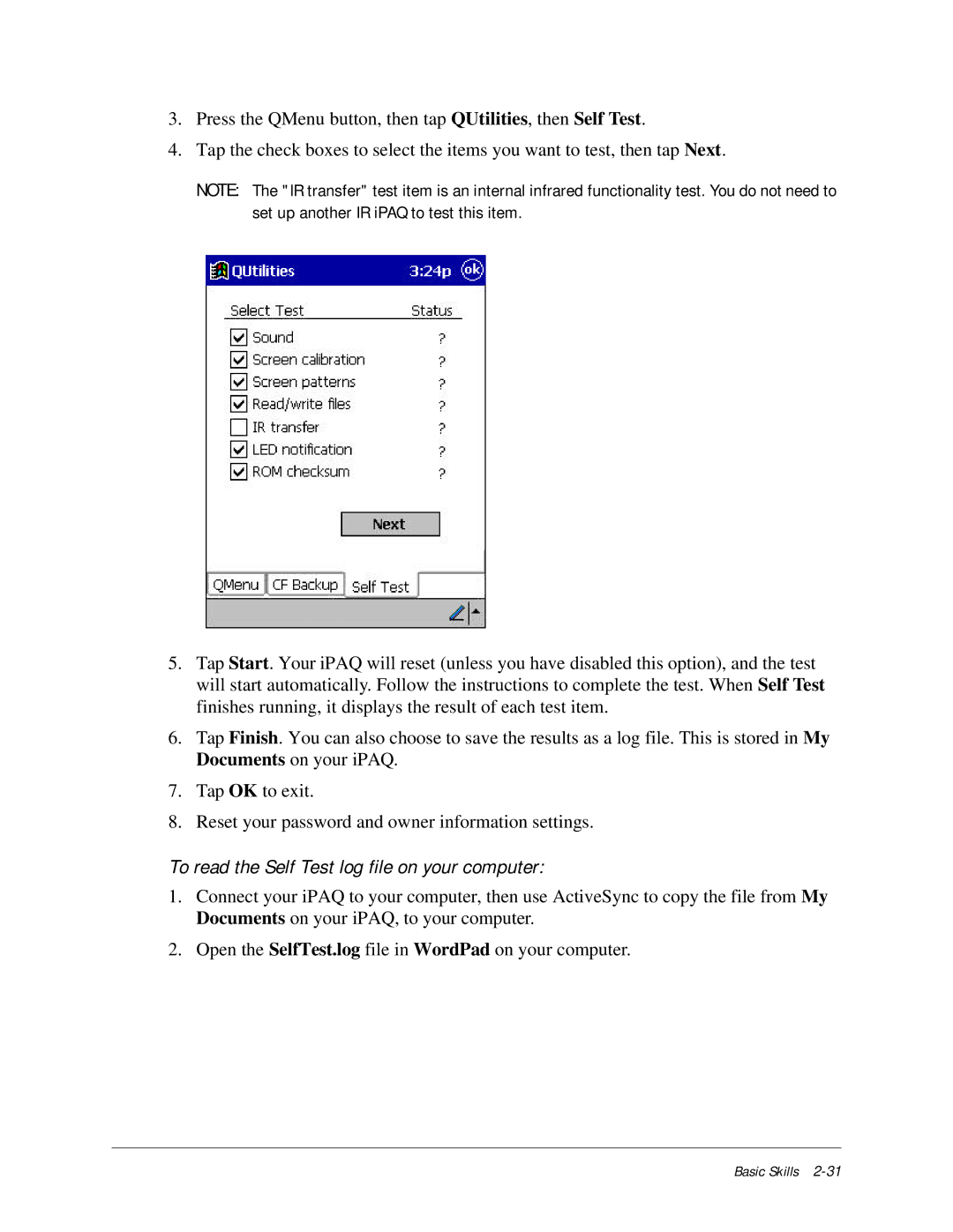 Compaq iPAQ H3000 manual To read the Self Test log file on your computer 