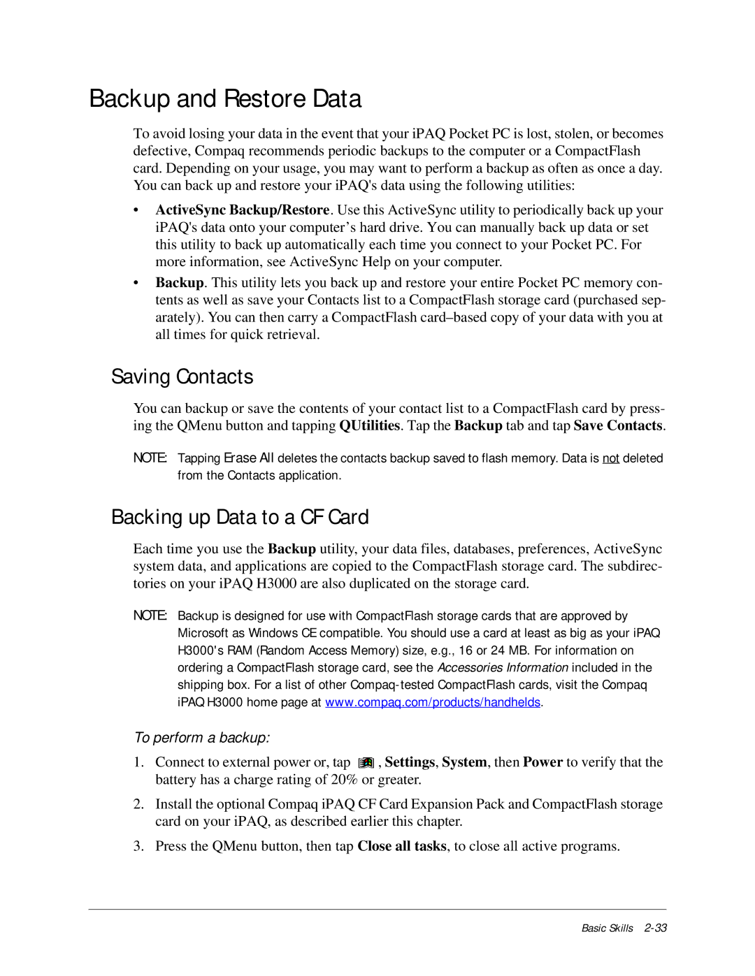 Compaq iPAQ H3000 manual Backup and Restore Data, Saving Contacts, Backing up Data to a CF Card, To perform a backup 
