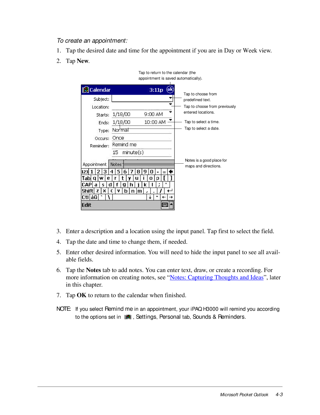 Compaq iPAQ H3000 manual To create an appointment 