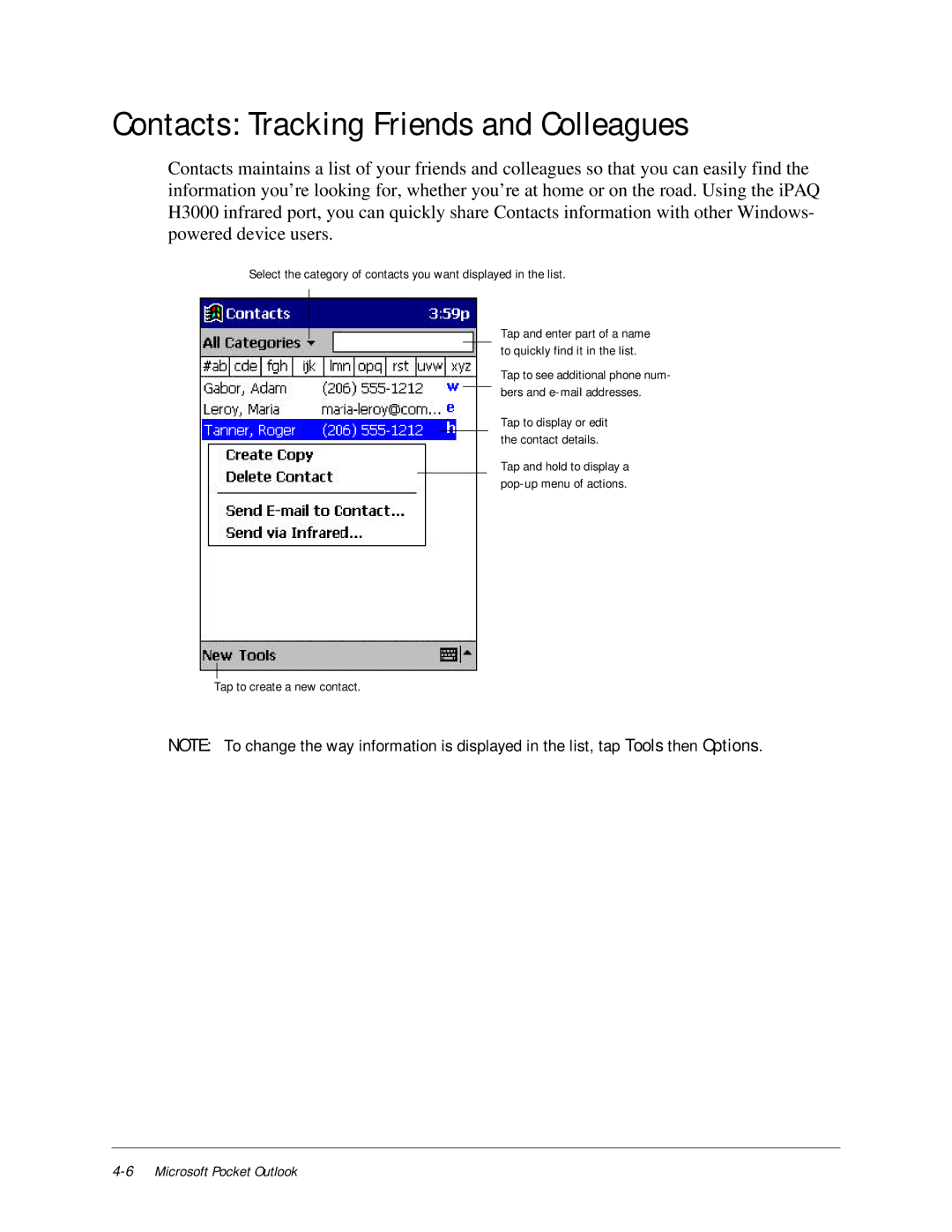 Compaq iPAQ H3000 Contacts Tracking Friends and Colleagues, Tap to see additional phone num- bers and e-mail addresses 