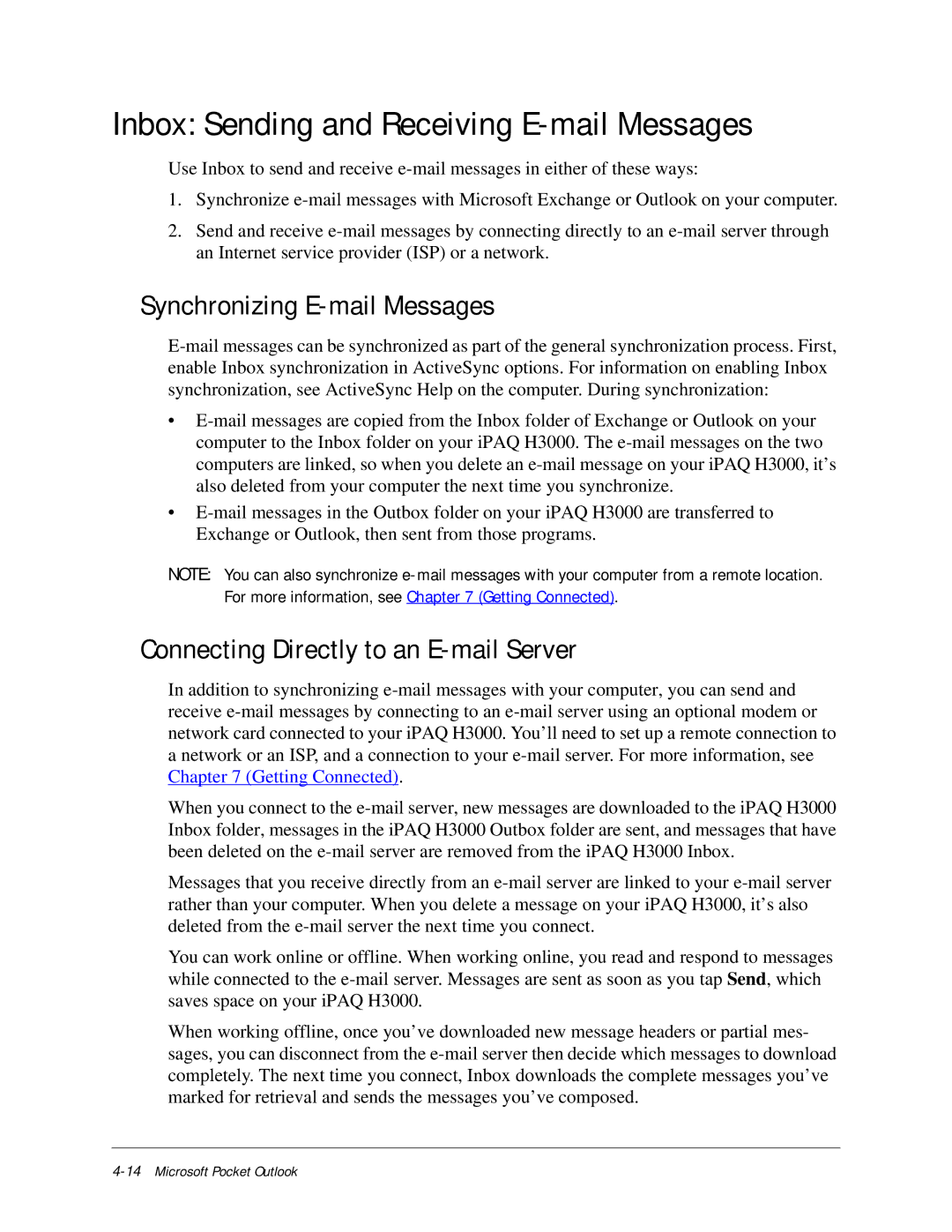 Compaq iPAQ H3000 manual Inbox Sending and Receiving E-mail Messages, Synchronizing E-mail Messages 