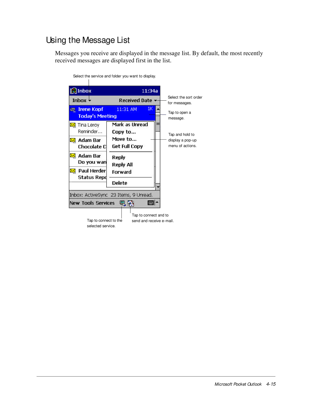 Compaq iPAQ H3000 manual Using the Message List, Select the service and folder you want to display 