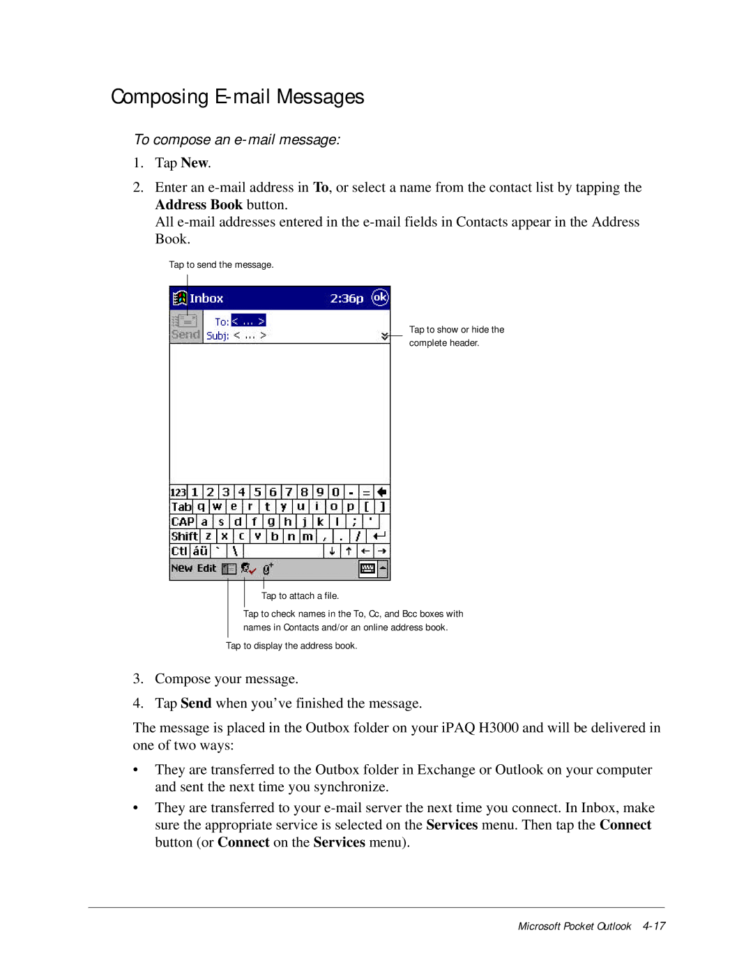 Compaq iPAQ H3000 manual Composing E-mail Messages, To compose an e-mail message 