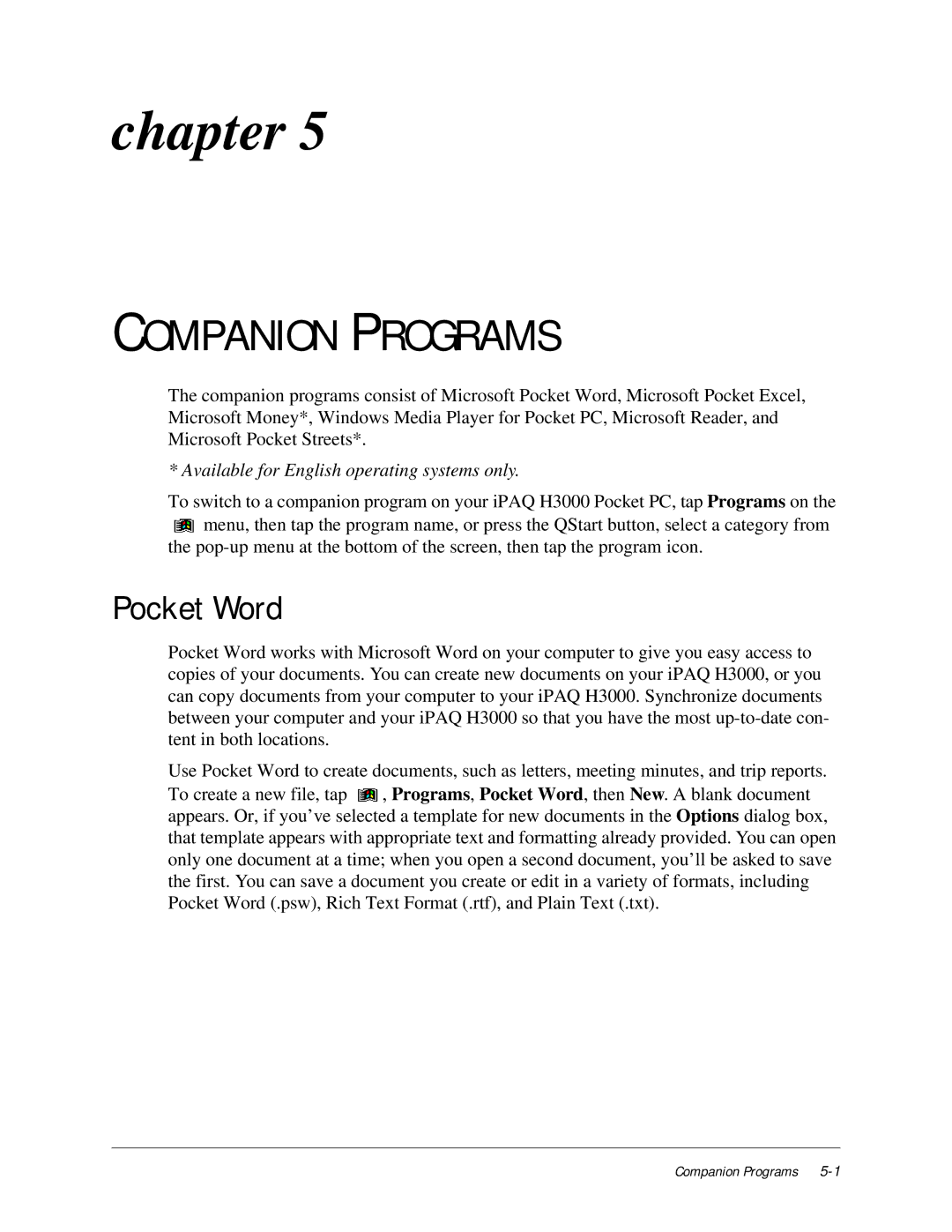 Compaq iPAQ H3000 manual Companion Programs, Pocket Word 