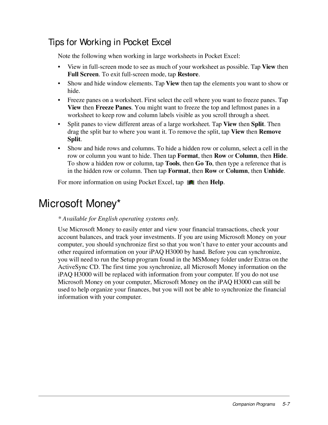 Compaq iPAQ H3000 manual Microsoft Money, Tips for Working in Pocket Excel 