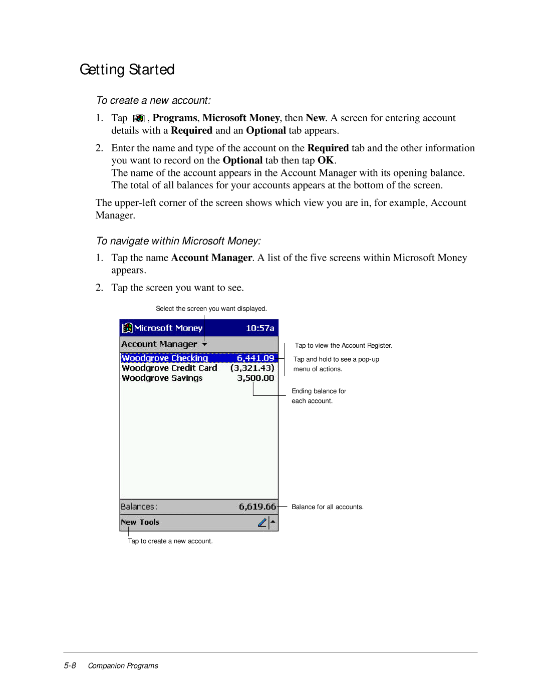 Compaq iPAQ H3000 manual Getting Started, To create a new account, To navigate within Microsoft Money 