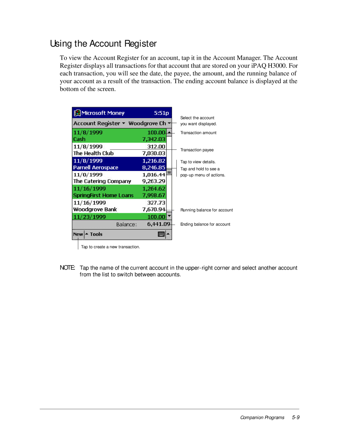 Compaq iPAQ H3000 manual Using the Account Register 