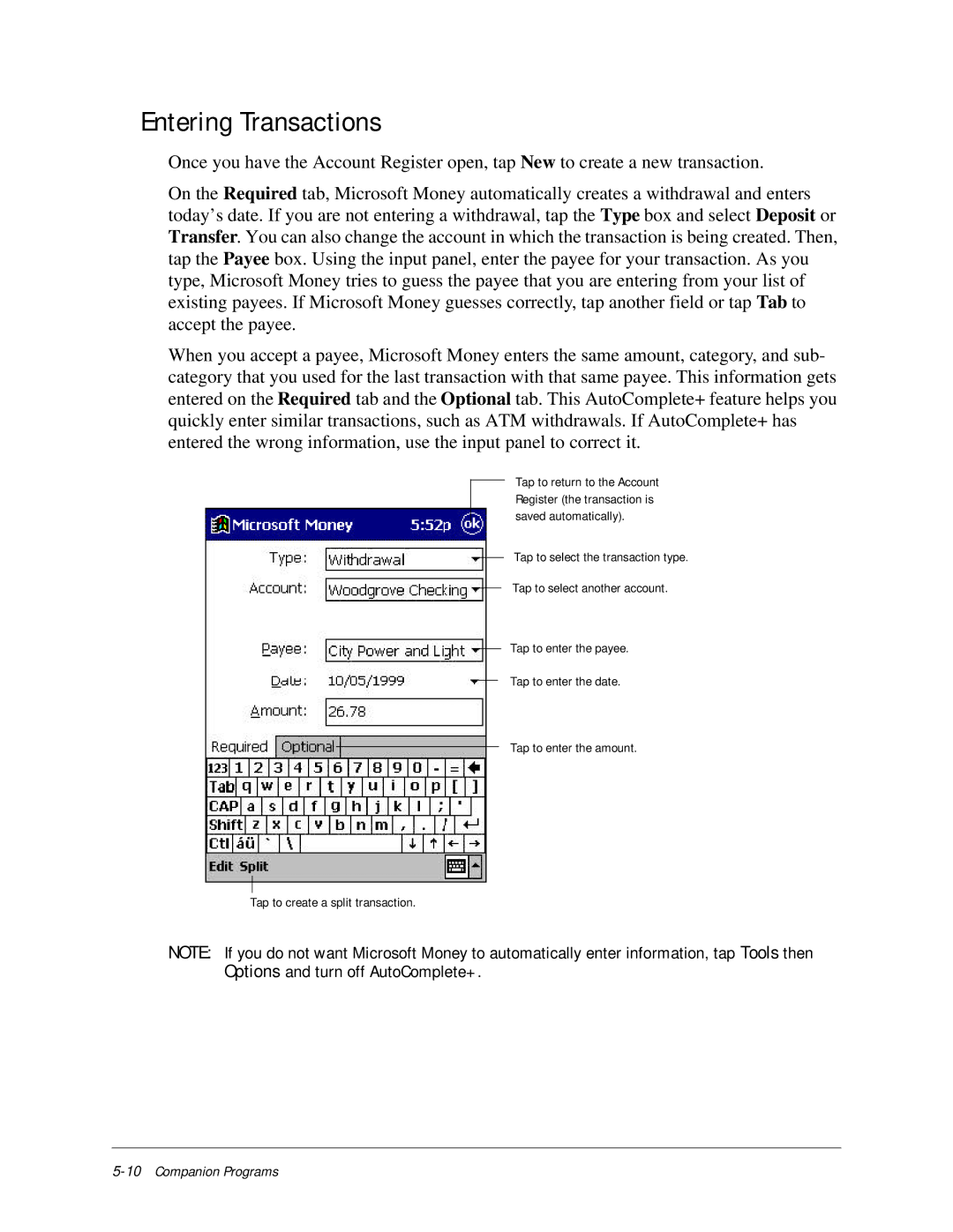 Compaq iPAQ H3000 manual Entering Transactions 