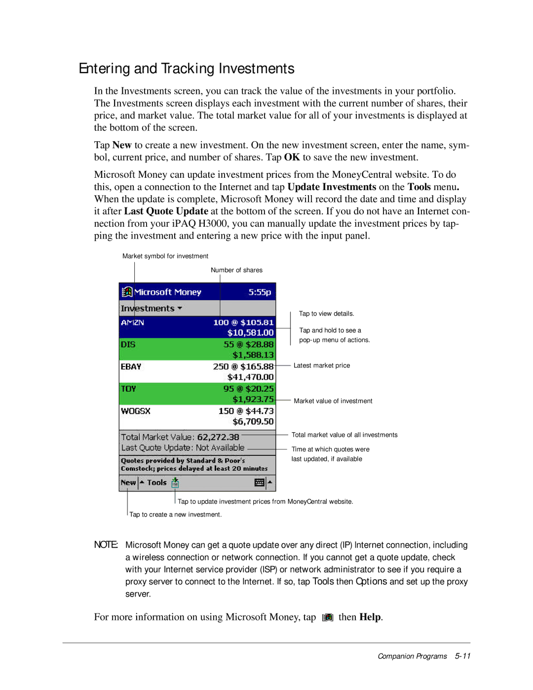 Compaq iPAQ H3000 manual Entering and Tracking Investments 