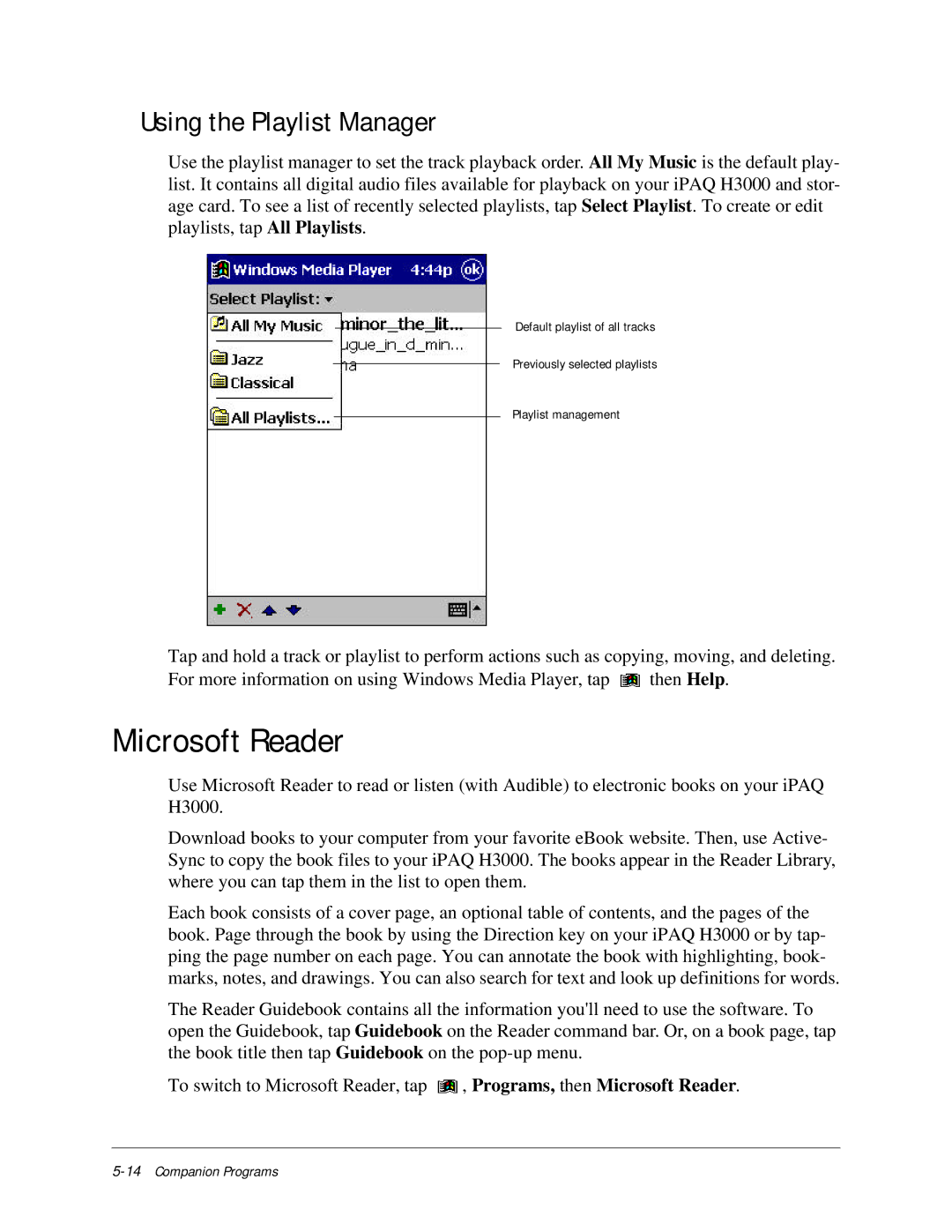 Compaq iPAQ H3000 manual Microsoft Reader, Using the Playlist Manager 