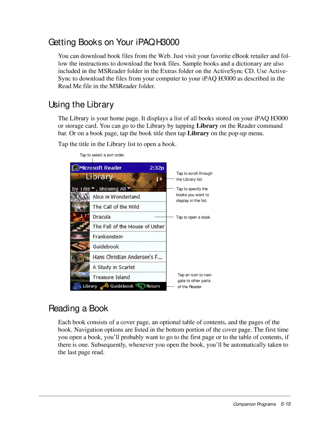 Compaq manual Getting Books on Your iPAQ H3000, Using the Library, Reading a Book 