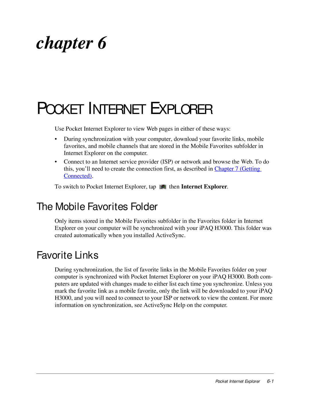 Compaq iPAQ H3000 manual Pocket Internet Explorer, Mobile Favorites Folder, Favorite Links 