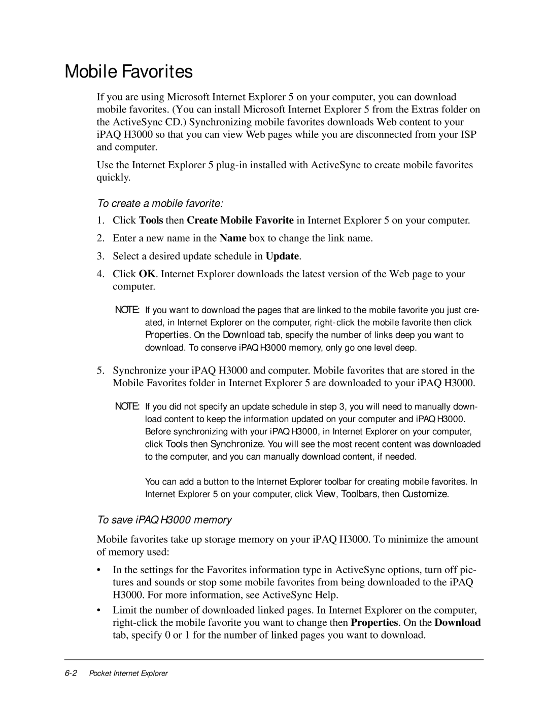 Compaq manual Mobile Favorites, To create a mobile favorite, To save iPAQ H3000 memory 