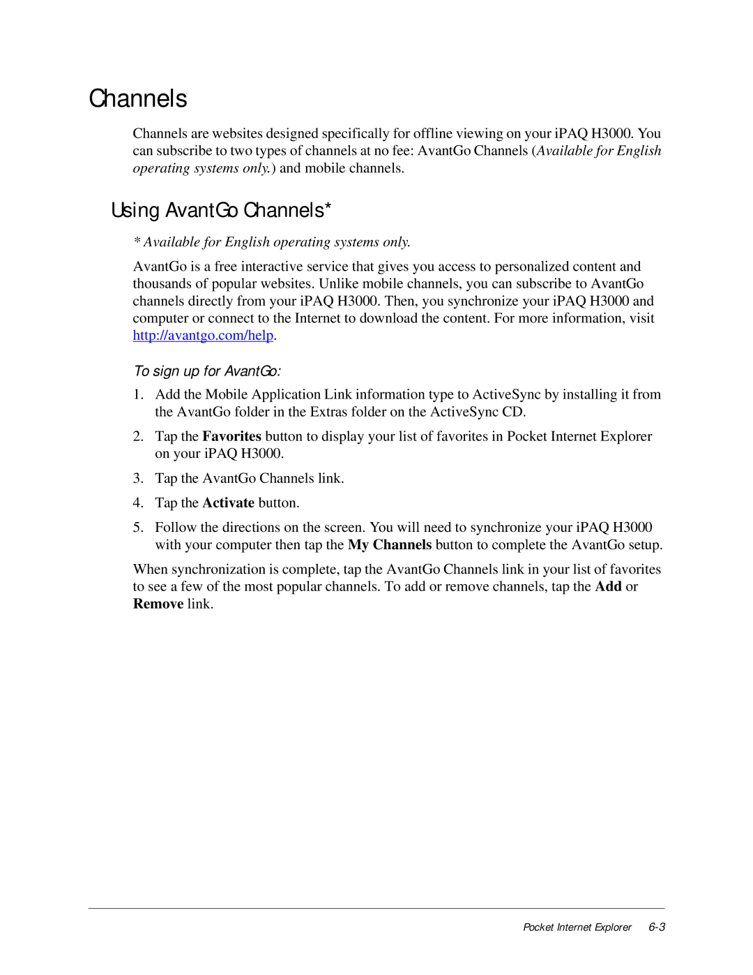 Compaq iPAQ H3000 manual Using AvantGo Channels, To sign up for AvantGo 