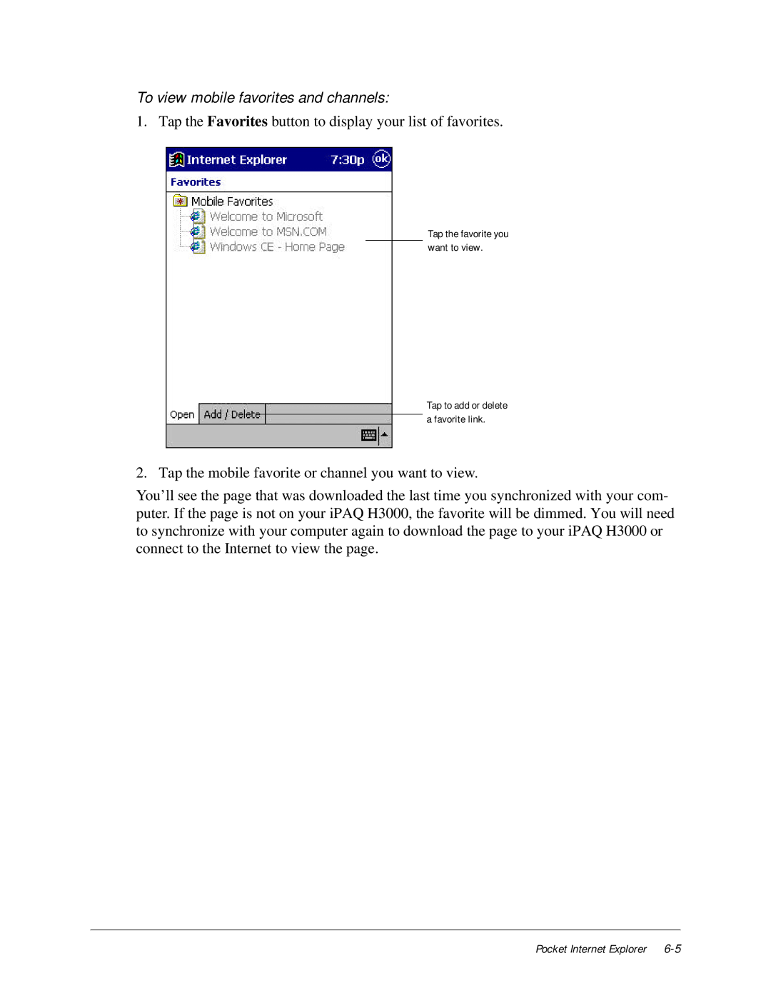 Compaq iPAQ H3000 manual To view mobile favorites and channels 