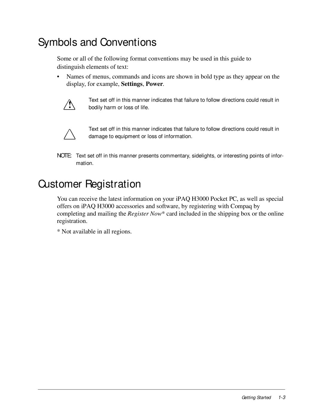 Compaq iPAQ H3000 manual Symbols and Conventions, Customer Registration 