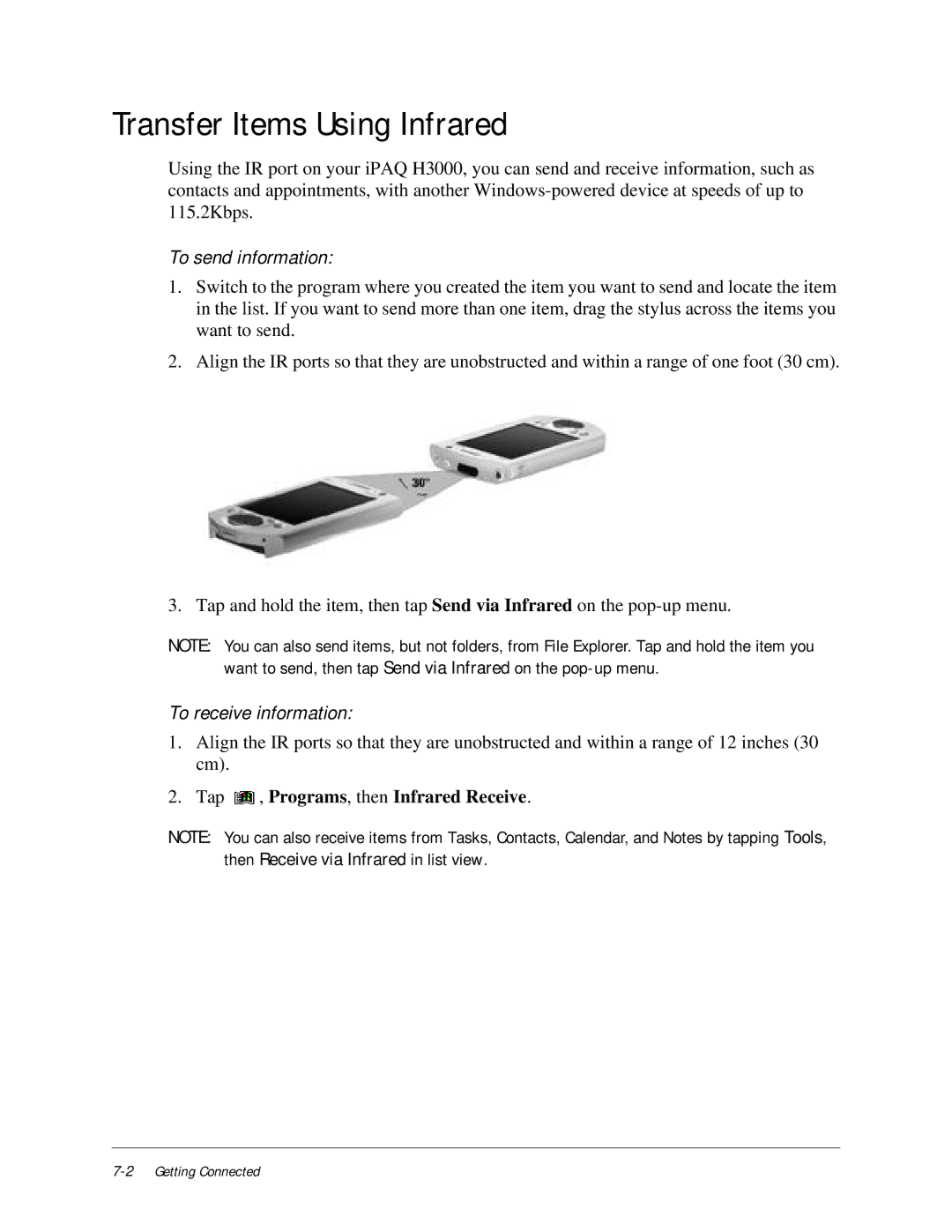 Compaq iPAQ H3000 manual Transfer Items Using Infrared, To send information, To receive information 