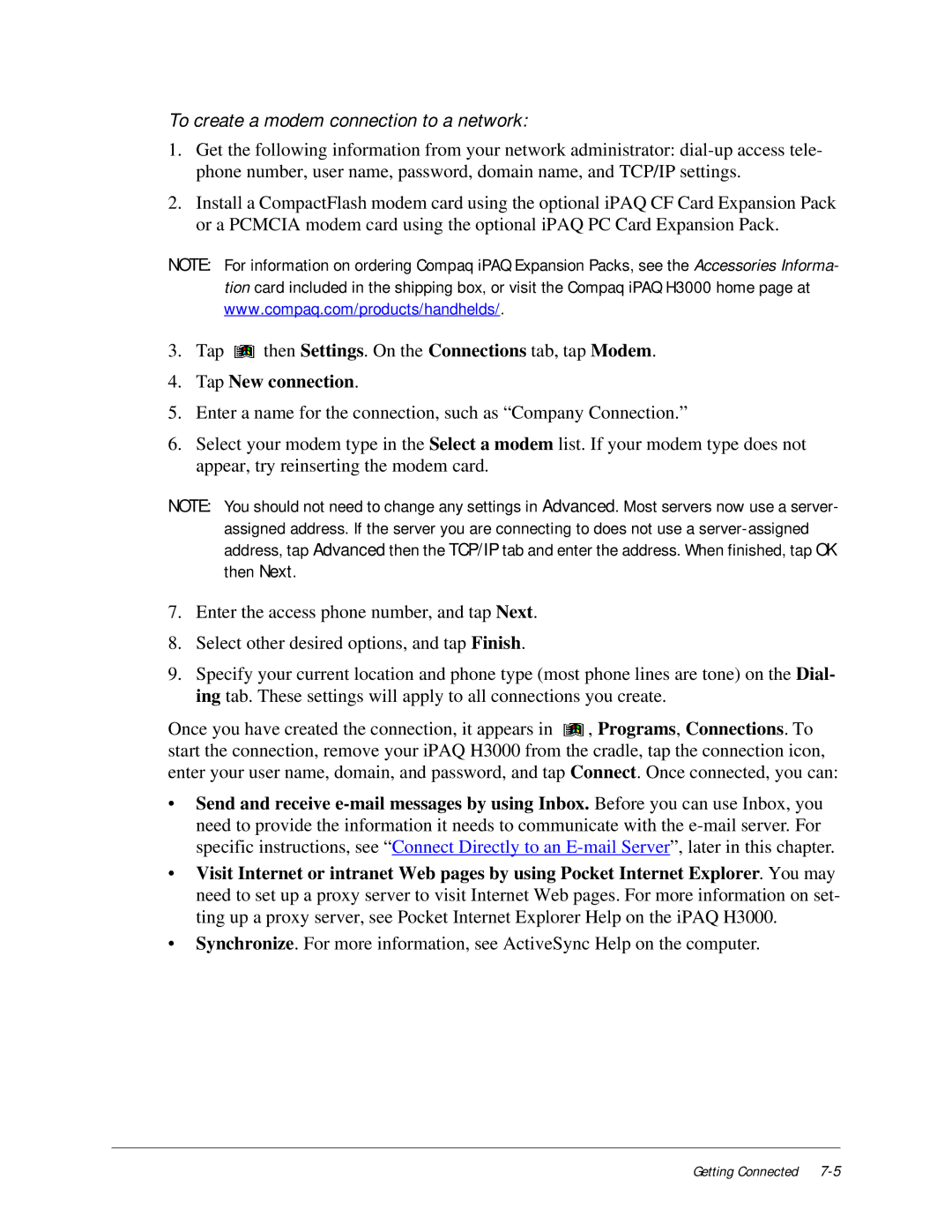 Compaq iPAQ H3000 manual To create a modem connection to a network 