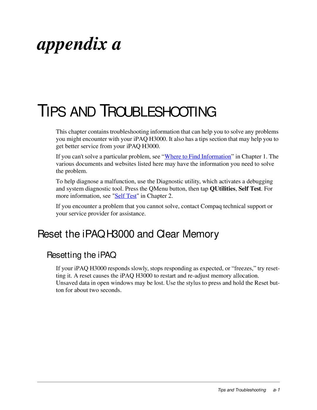 Compaq manual Tips and Troubleshooting, Reset the iPAQ H3000 and Clear Memory, Resetting the iPAQ 