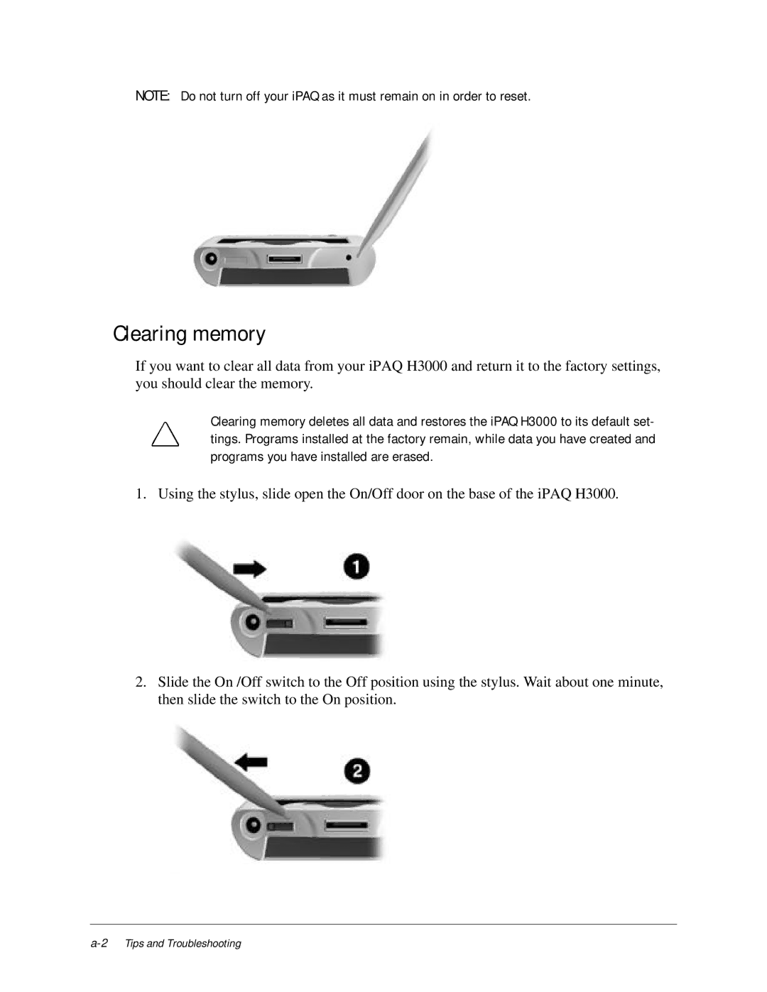 Compaq iPAQ H3000 manual Clearing memory 