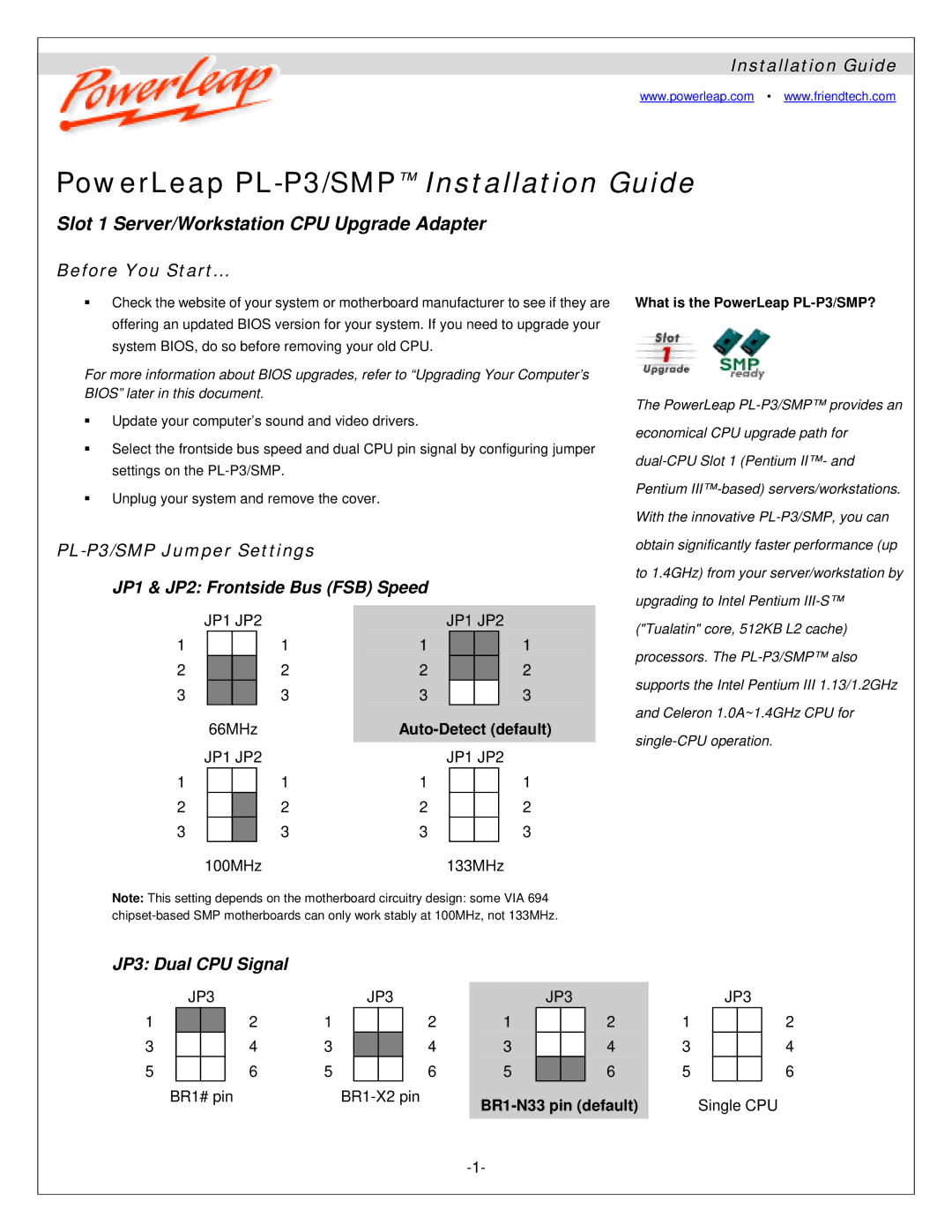 Compaq manual Installation Guide, Before You Start…, PL-P3/SMP Jumper Settings JP1 & JP2 Frontside Bus FSB Speed 