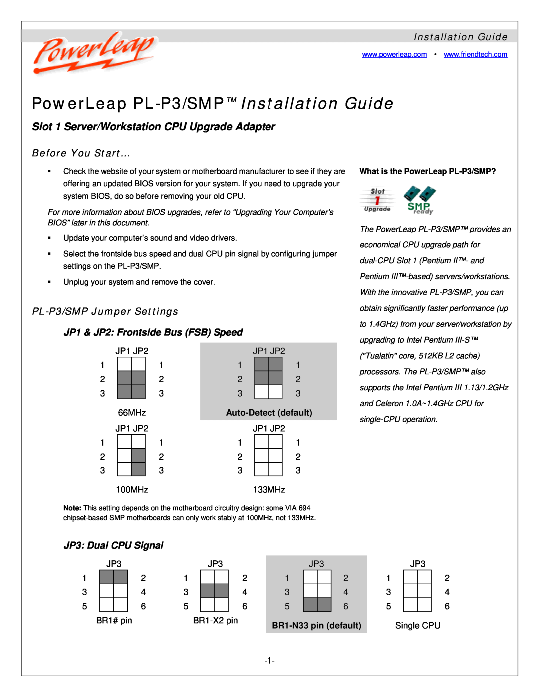 Compaq manual Installation Guide, Before You Start…, PL-P3/SMP Jumper Settings JP1 & JP2 Frontside Bus FSB Speed 