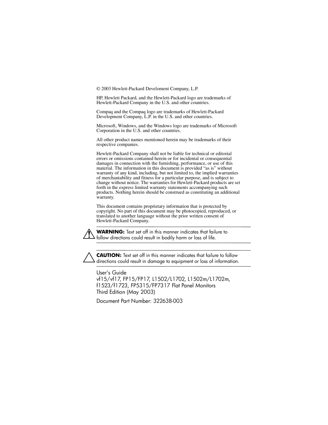 Compaq FP5315, L1502m, f1723, FP17, FP7317, f1523, FP15, vf15, vf17, L1702m technical specifications 