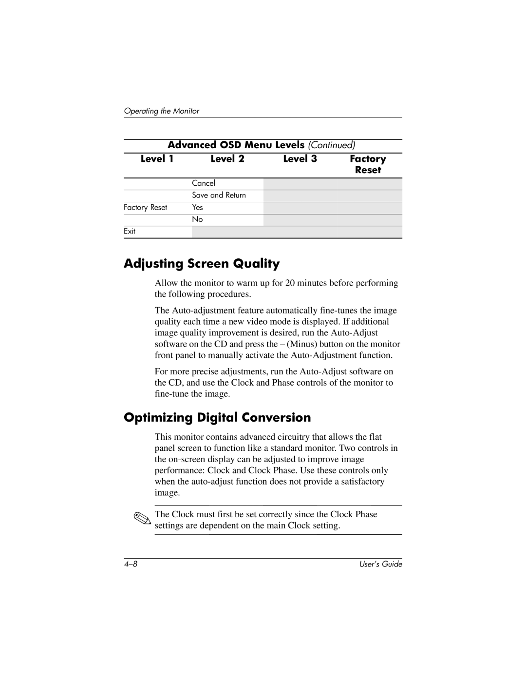 Compaq FP17, L1702, L1502m, FP5315, f1723, FP7317, f1523, FP15, vf15, vf17 Adjusting Screen Quality, Optimizing Digital Conversion 