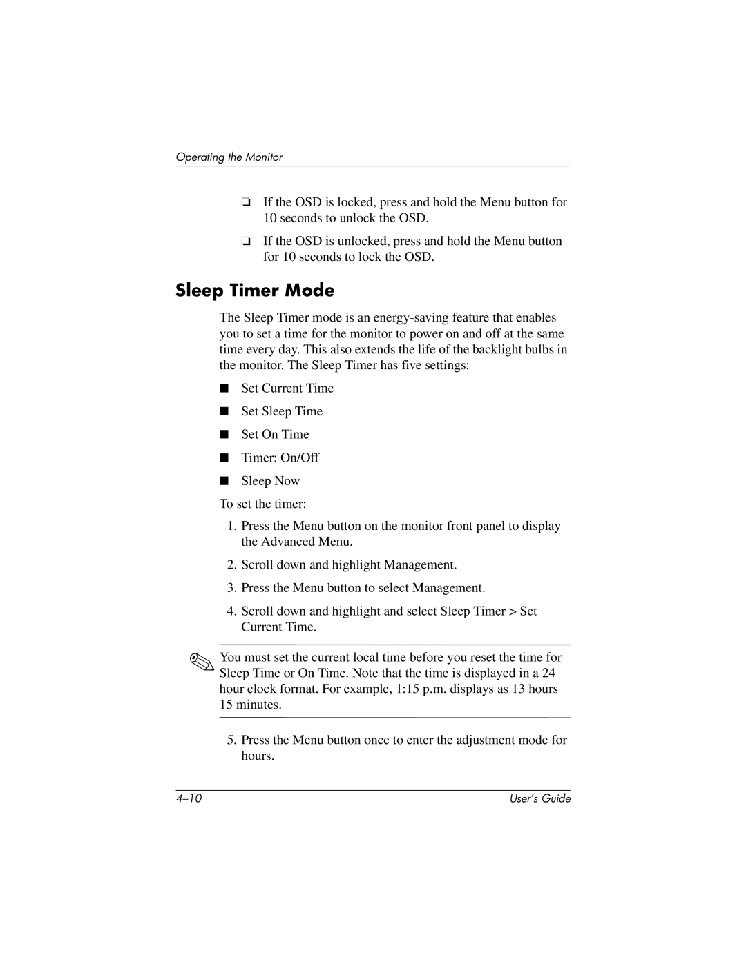 Compaq FP7317, L1502m, FP5315, f1723, FP17, f1523, FP15, vf15, vf17, L1702m technical specifications Sleep Timer Mode 