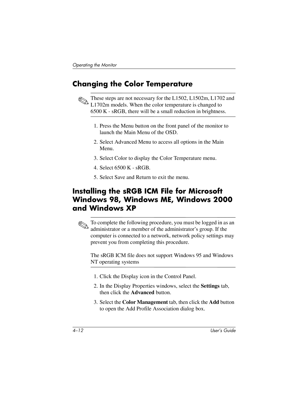 Compaq FP15, L1502m, FP5315, f1723, FP17, FP7317, f1523, vf15, vf17, L1702m Changing the Color Temperature 