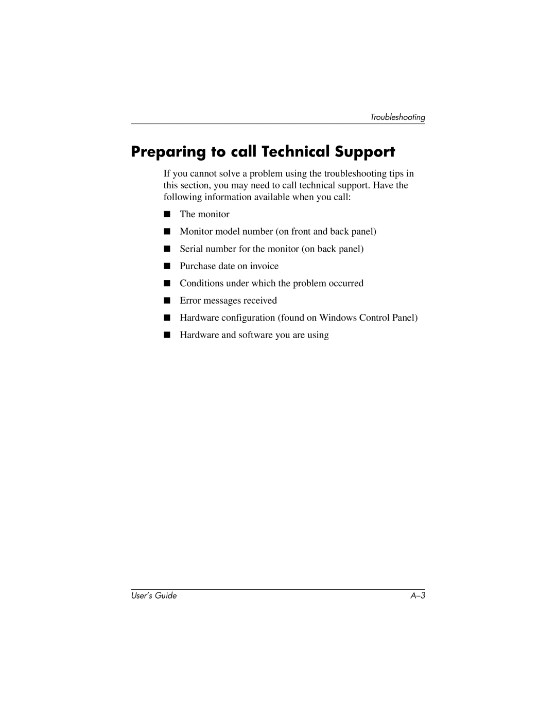 Compaq L1502m, FP5315, f1723, FP17, FP7317, f1523, FP15, vf15, vf17, L1702m Preparing to call Technical Support 