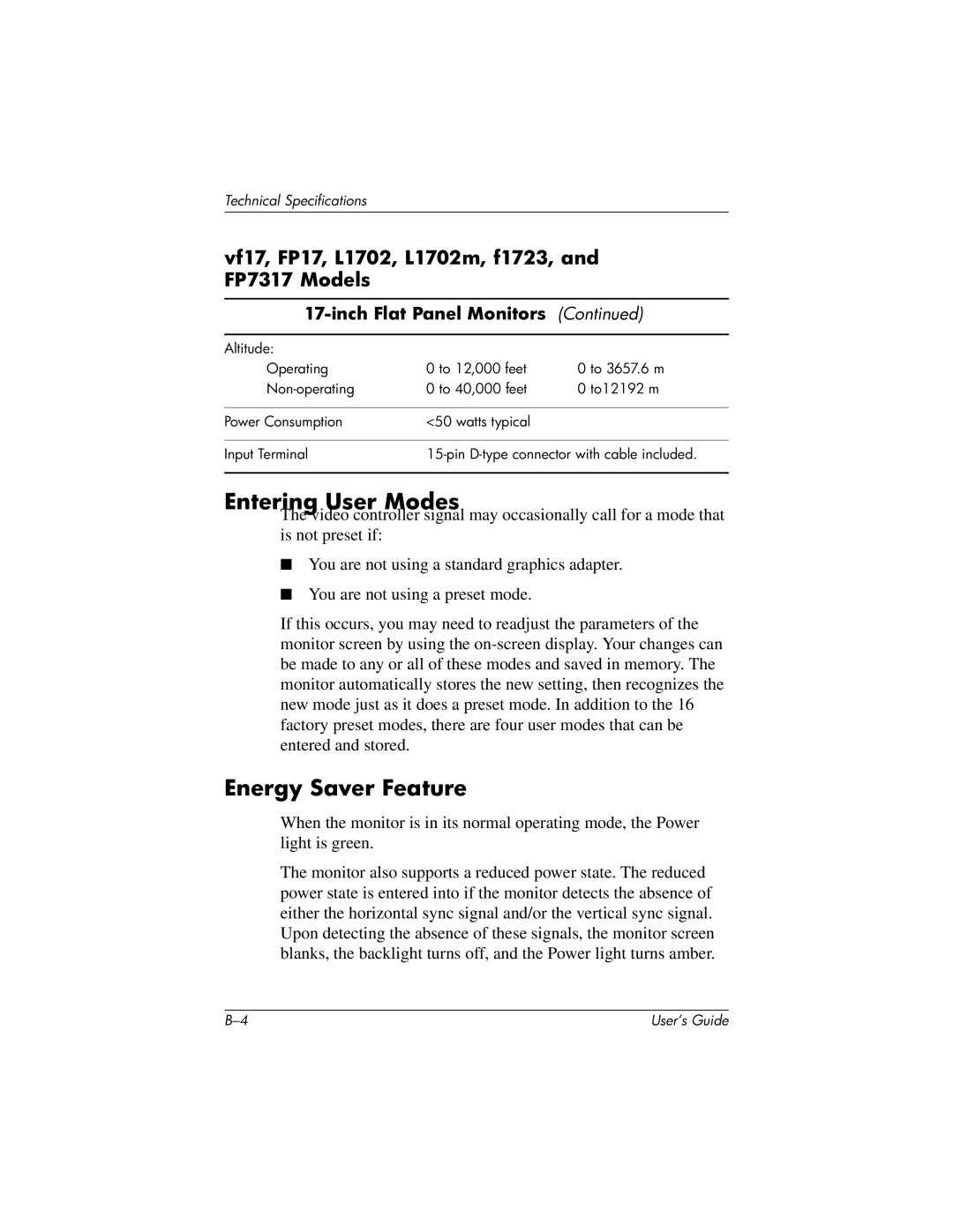 Compaq FP17, L1502m, FP5315, f1723, FP7317, f1523, FP15, vf15, vf17, L1702m Entering User Modes, Energy Saver Feature 