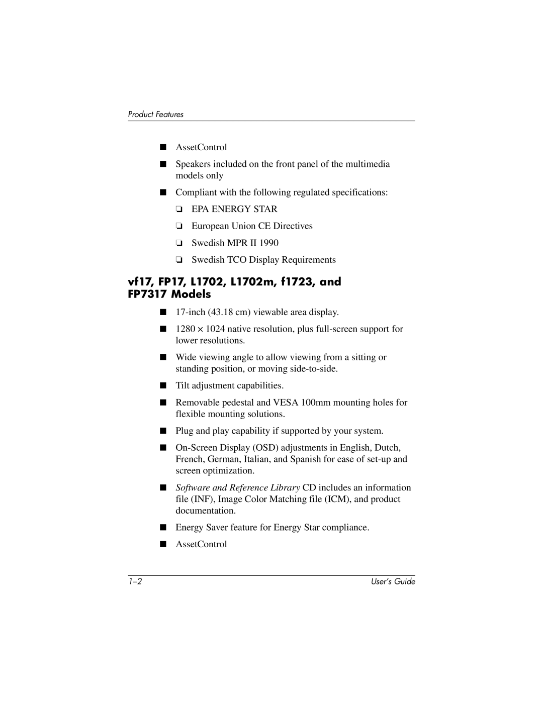 Compaq L1502m, FP5315, f1523, FP15, vf15, vf17 technical specifications Vf17, FP17, L1702, L1702m, f1723, and FP7317 Models 