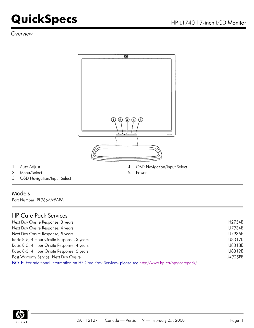 Compaq L1740 warranty QuickSpecs 