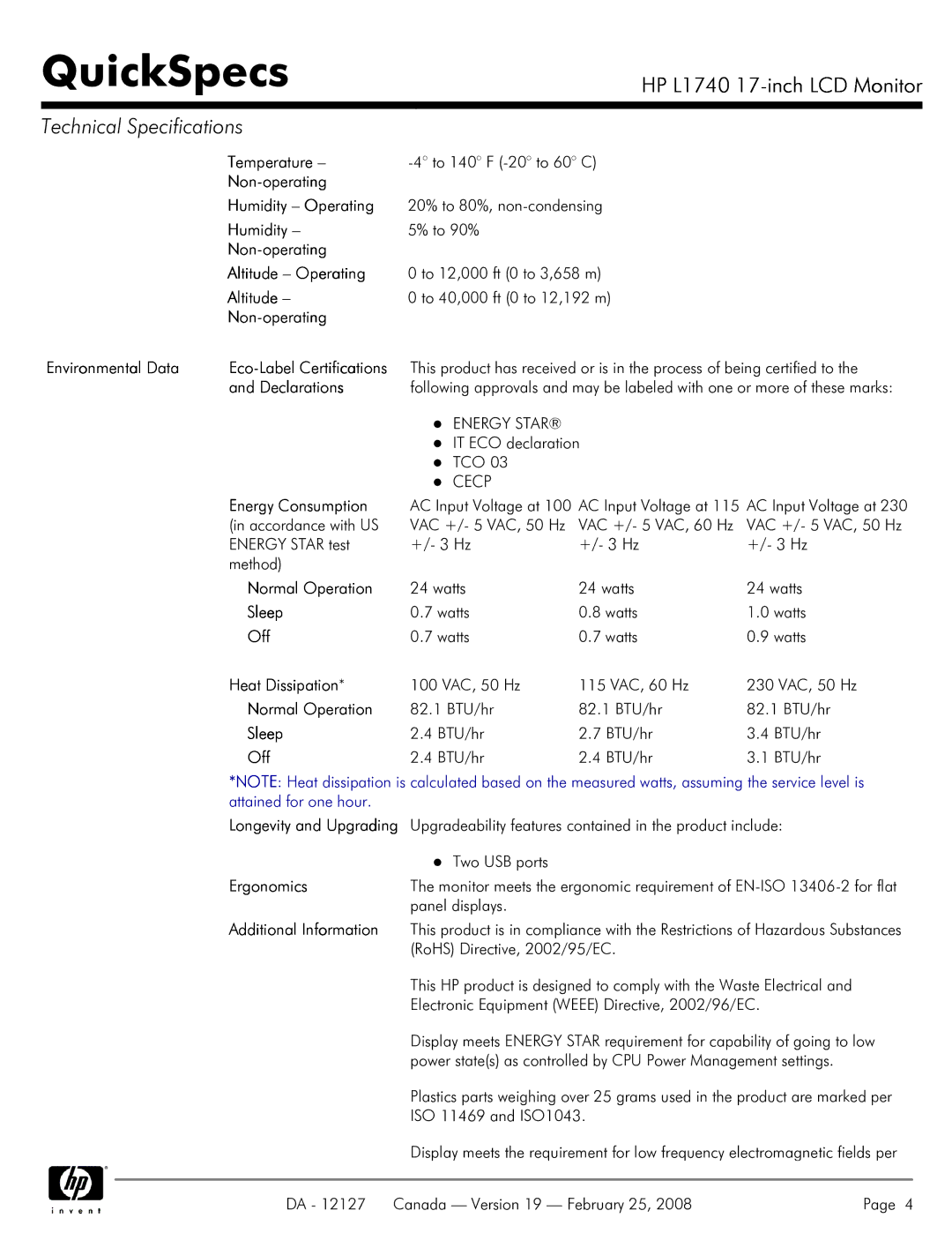 Compaq L1740 Non-operating Humidity Operating, Non-operating Altitude Operating, Non-operating Environmental Data, Sleep 