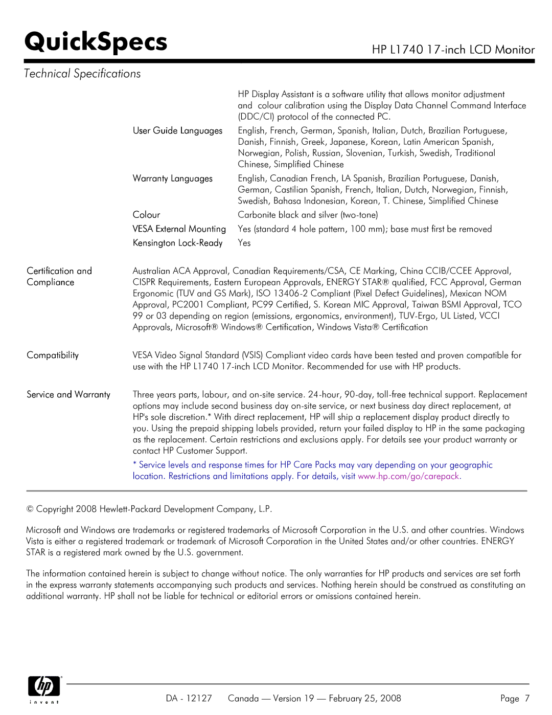 Compaq L1740 warranty User Guide Languages, Warranty Languages, Colour, Kensington Lock-Ready, Certification, Compliance 