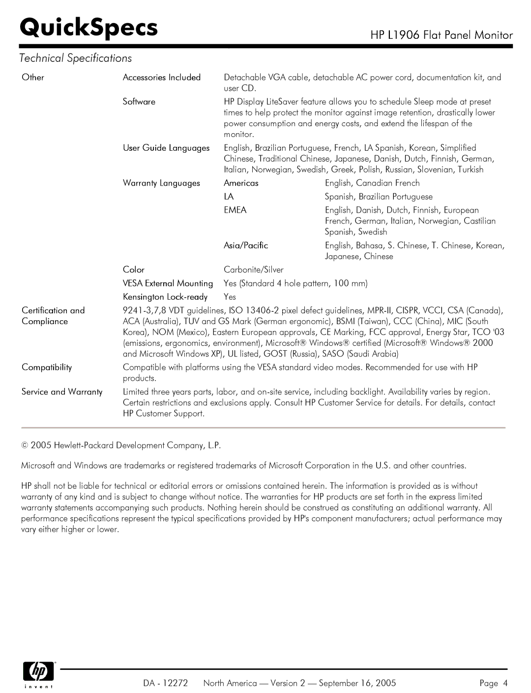 Compaq L1906 warranty Emea 