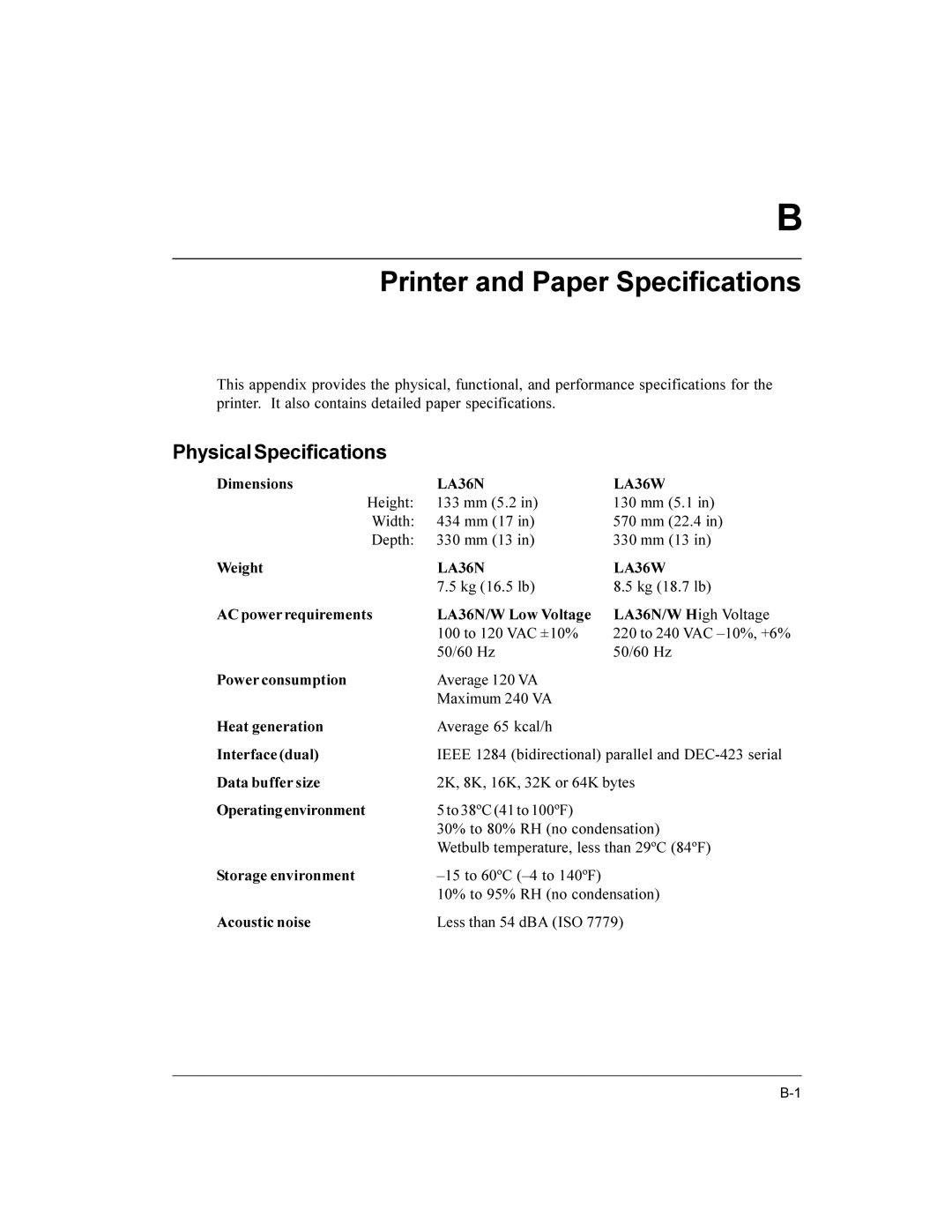 Compaq LA36 user manual PhysicalSpecifications 