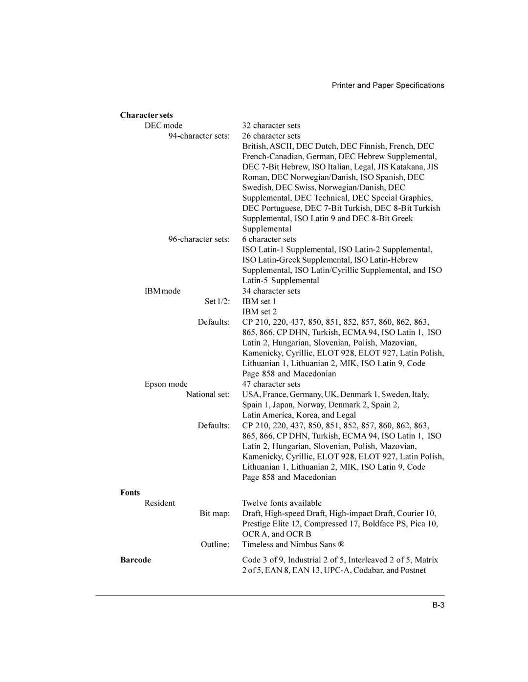 Compaq LA36 user manual Character sets, Fonts, Barcode 