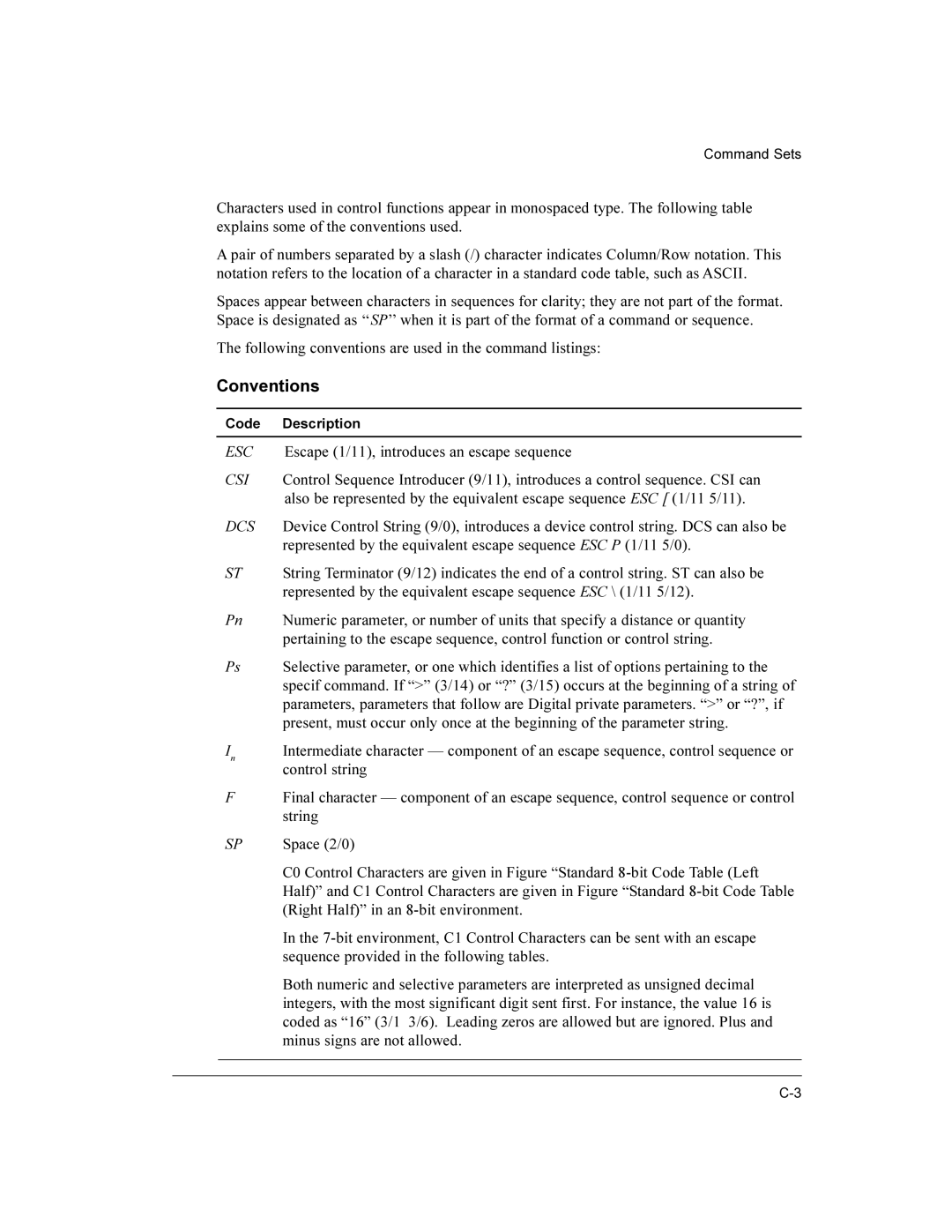 Compaq LA36 user manual Conventions, Escape 1/11, introduces an escape sequence, Control string 