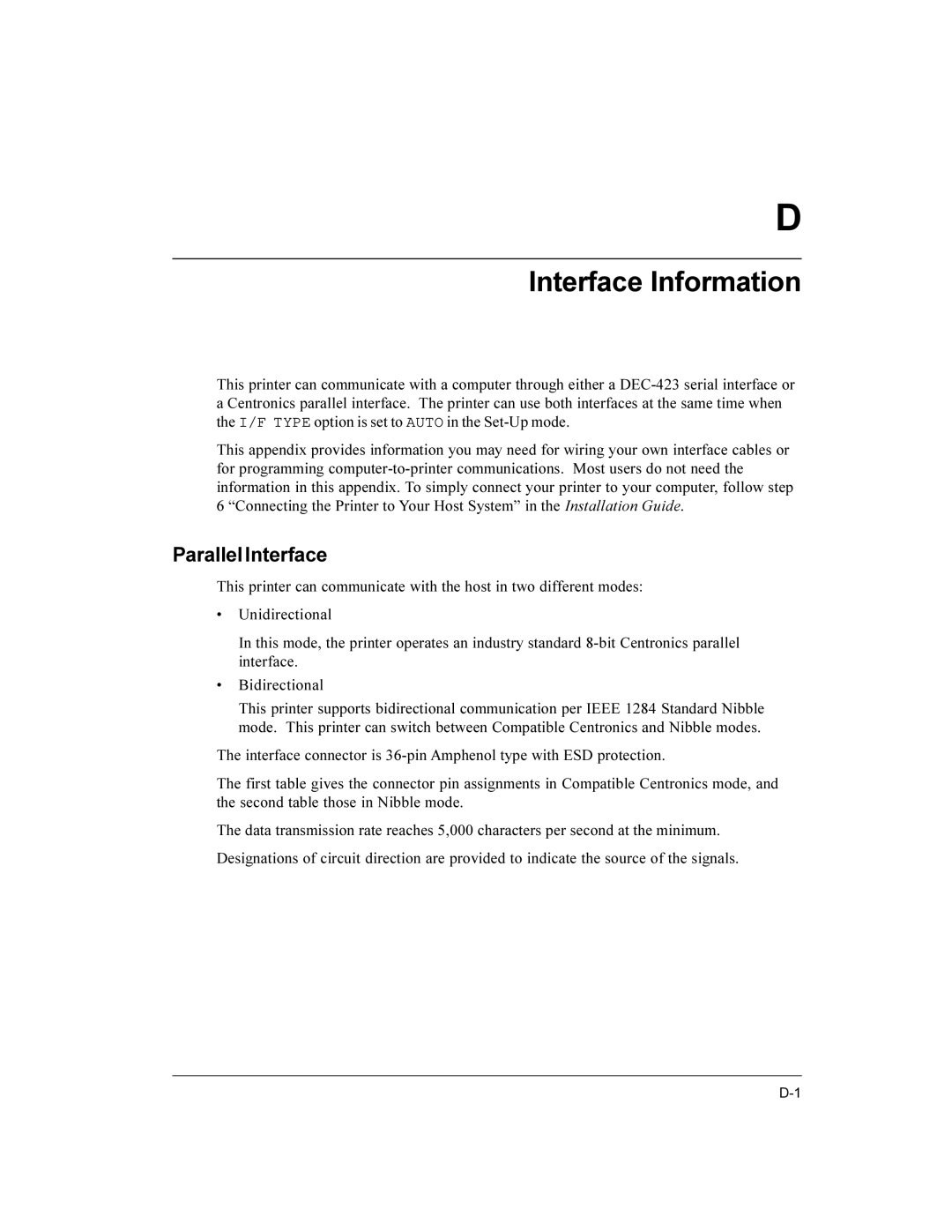 Compaq LA36 user manual Interface Information, Parallel Interface 