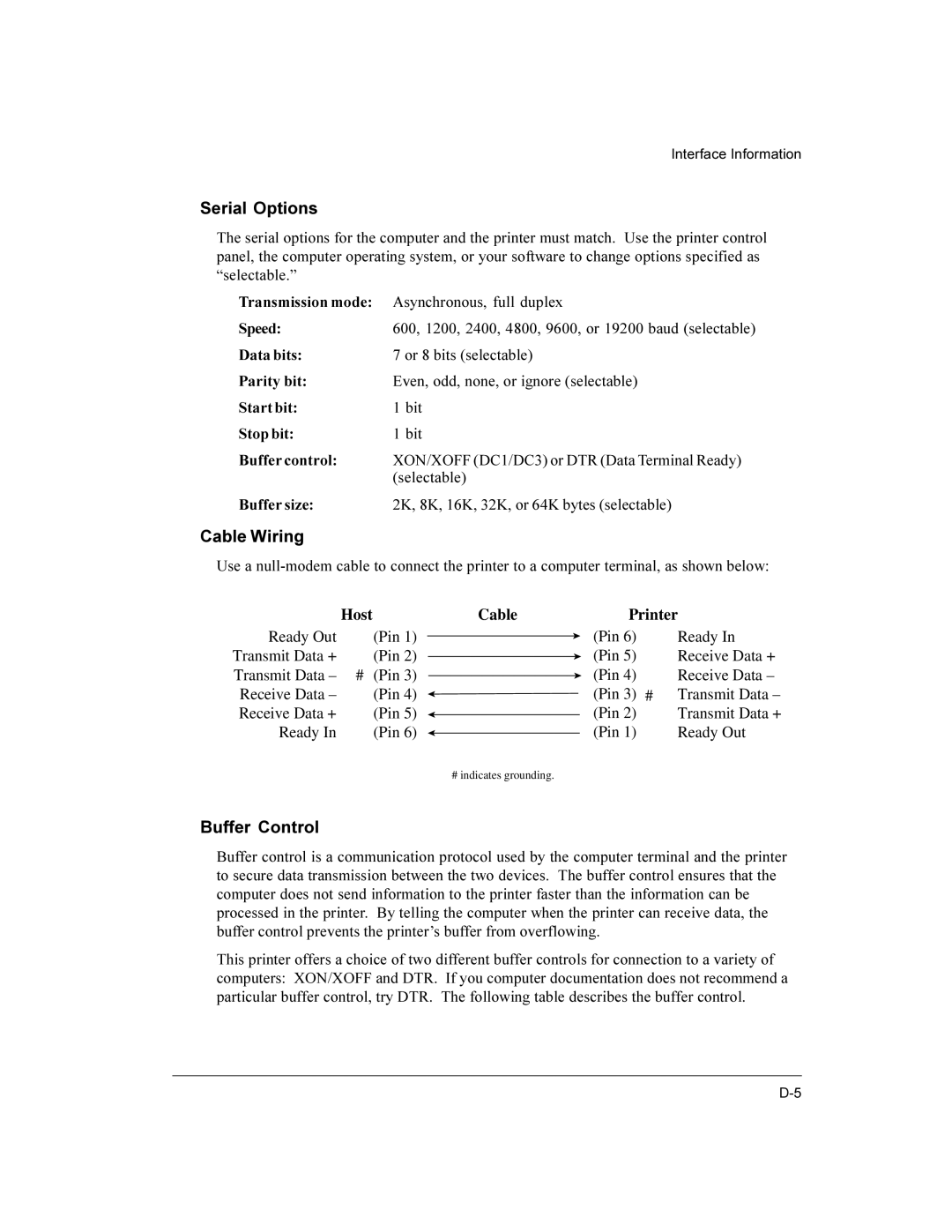 Compaq LA36 user manual Serial Options, Cable Wiring, Buffer Control 