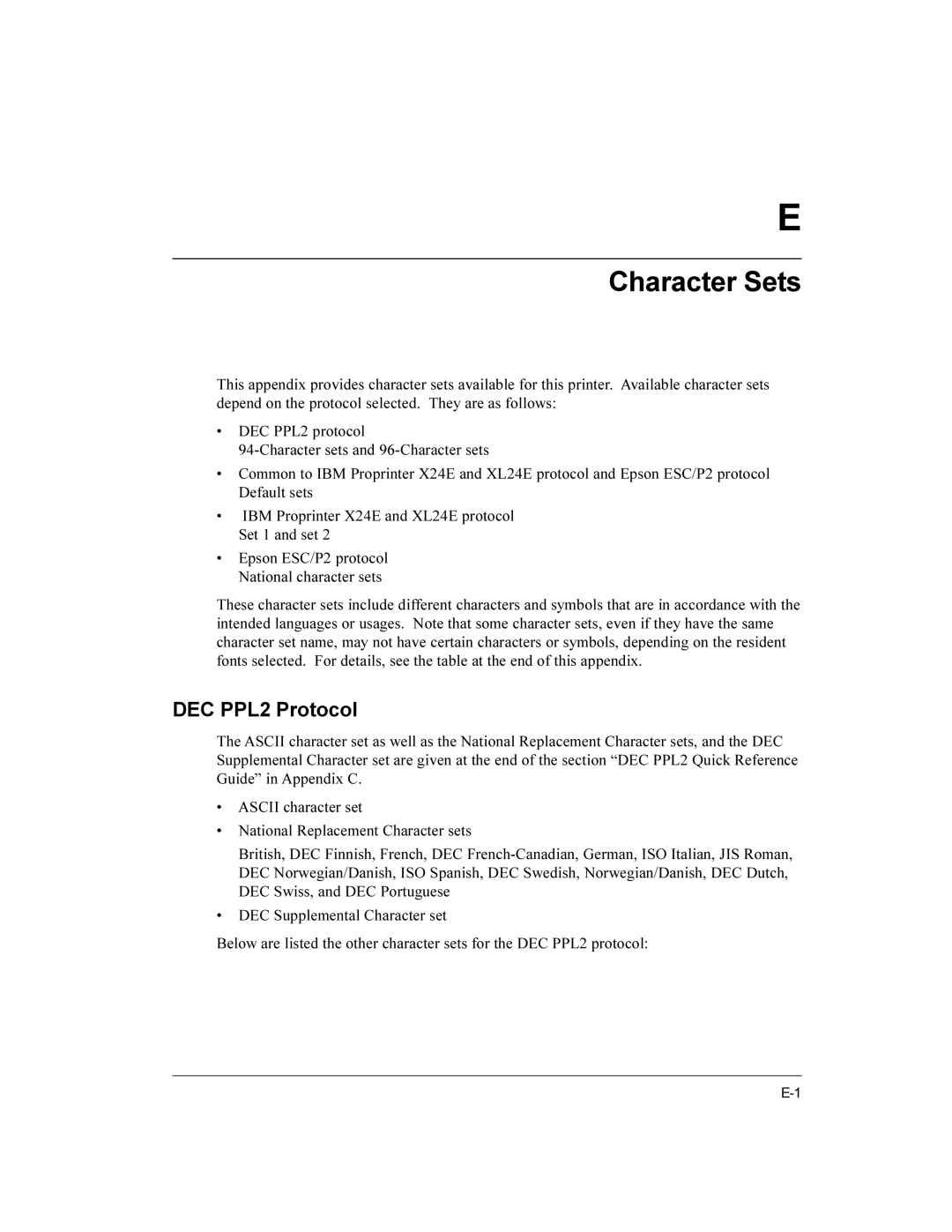 Compaq LA36 user manual Character Sets, DEC PPL2 Protocol 