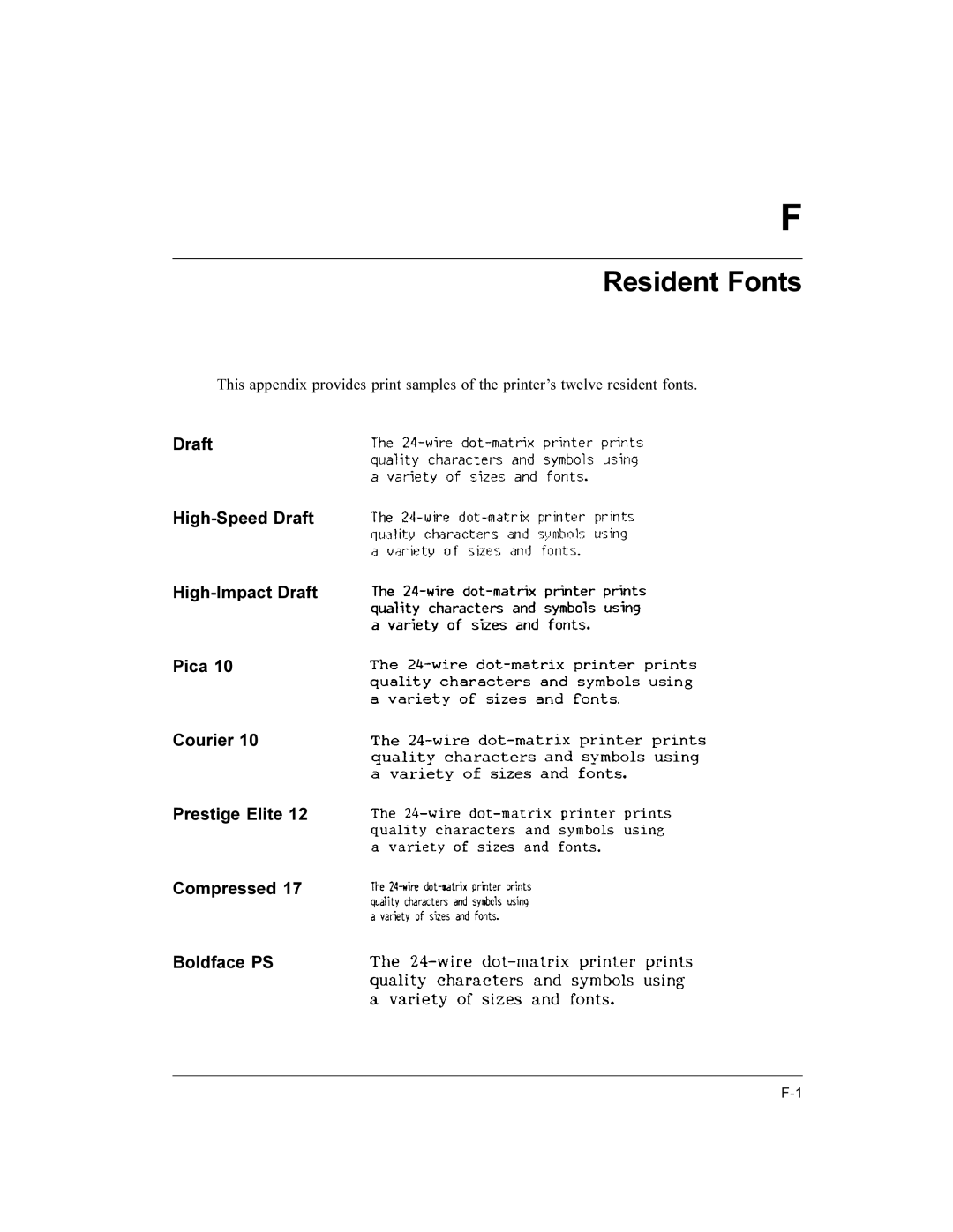 Compaq LA36 user manual Resident Fonts 