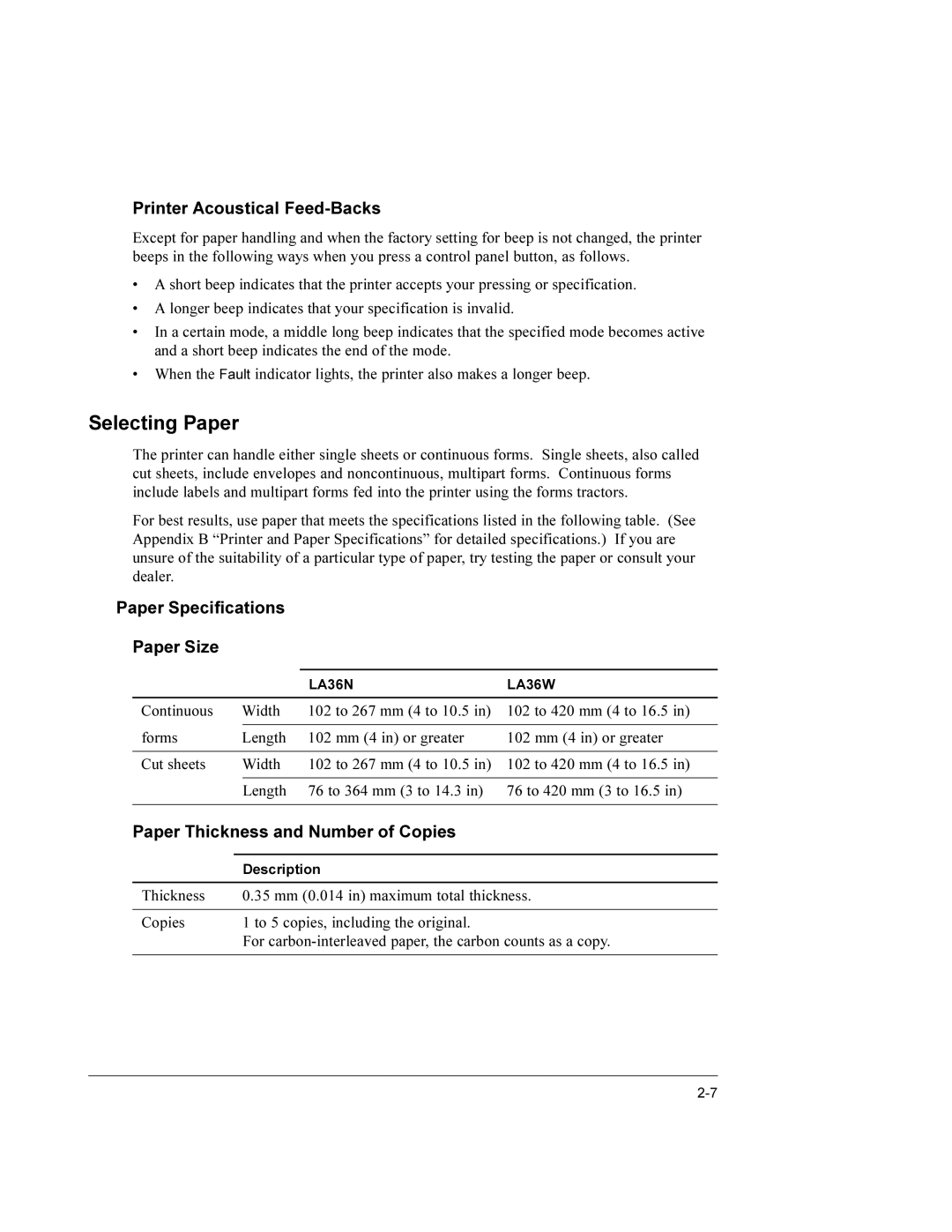 Compaq LA36 user manual Selecting Paper, Printer Acoustical Feed-Backs, Paper Specifications Paper Size 