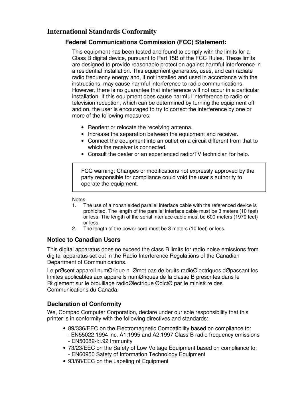 Compaq LA36 user manual International Standards Conformity 